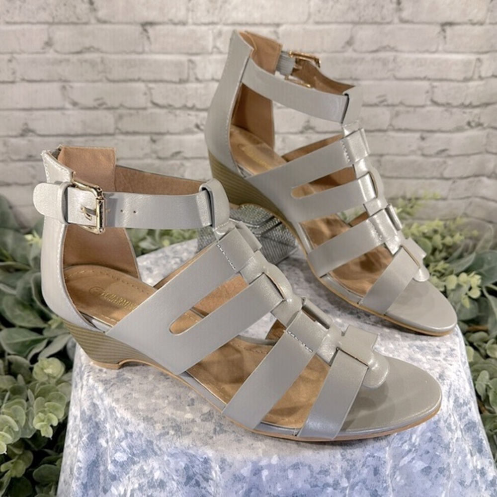 Charming Lady Gray Open Toe Multi-Band Low Wedge Dress Sandals WMS 11M🩶NWOT🩶